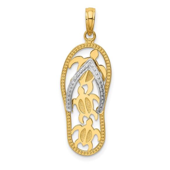 14k Two Tone Gold Large Sea Turtle Flip Flop Pendant - Picture 1 of 5